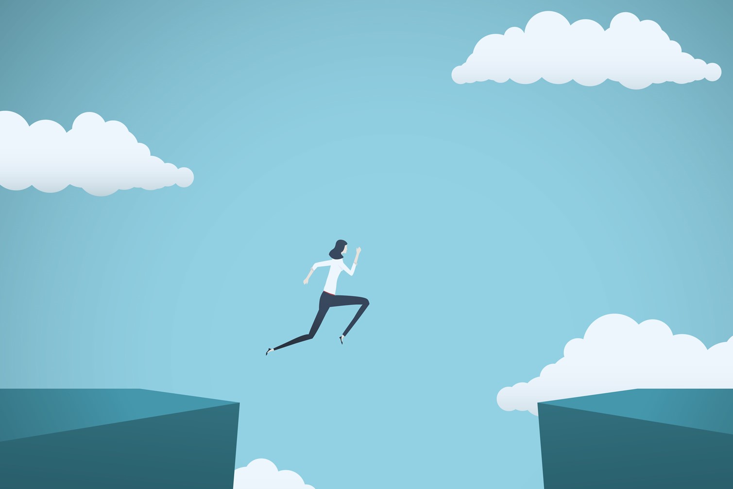 Image of business person jumping from one cliff to another