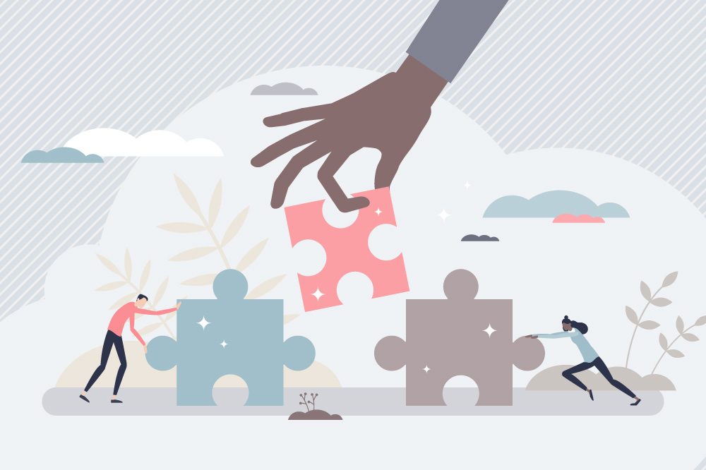 vector graphic with people fitting jigsaw puzzle pieces together to demonstrate collaboration, teamwork and work support for problem solving