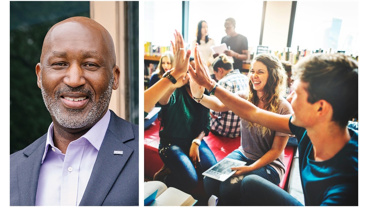 Photo of Marc Ott next to photo of students high-fiving