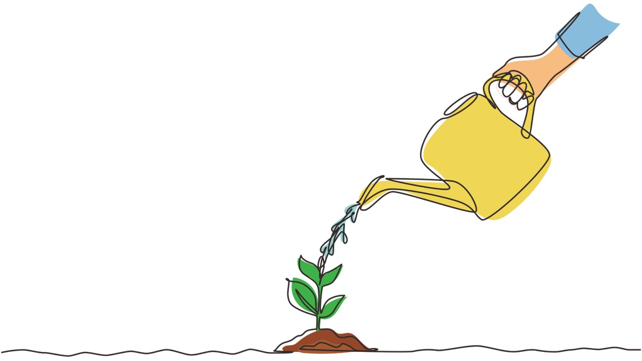 Drawing of hand watering a plant with a watering can