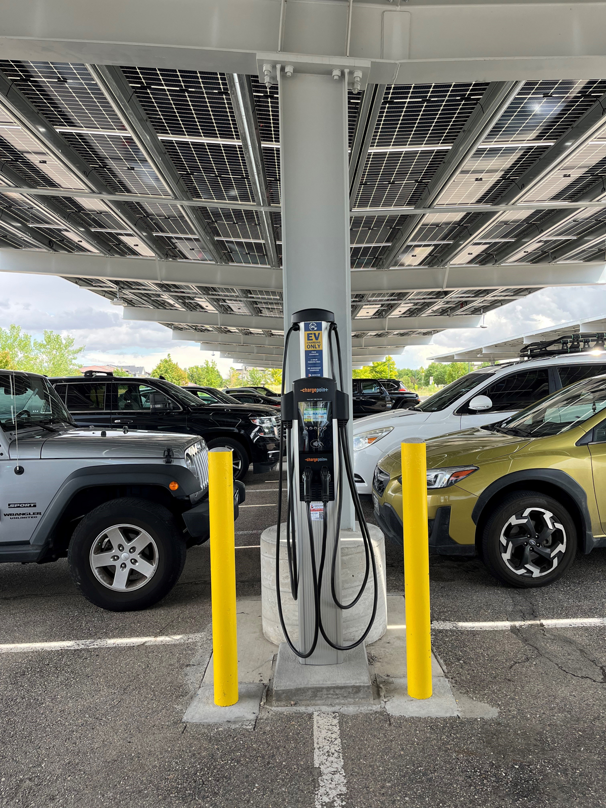 Public EV charging stations under a solar carport in Denver, Colorado.