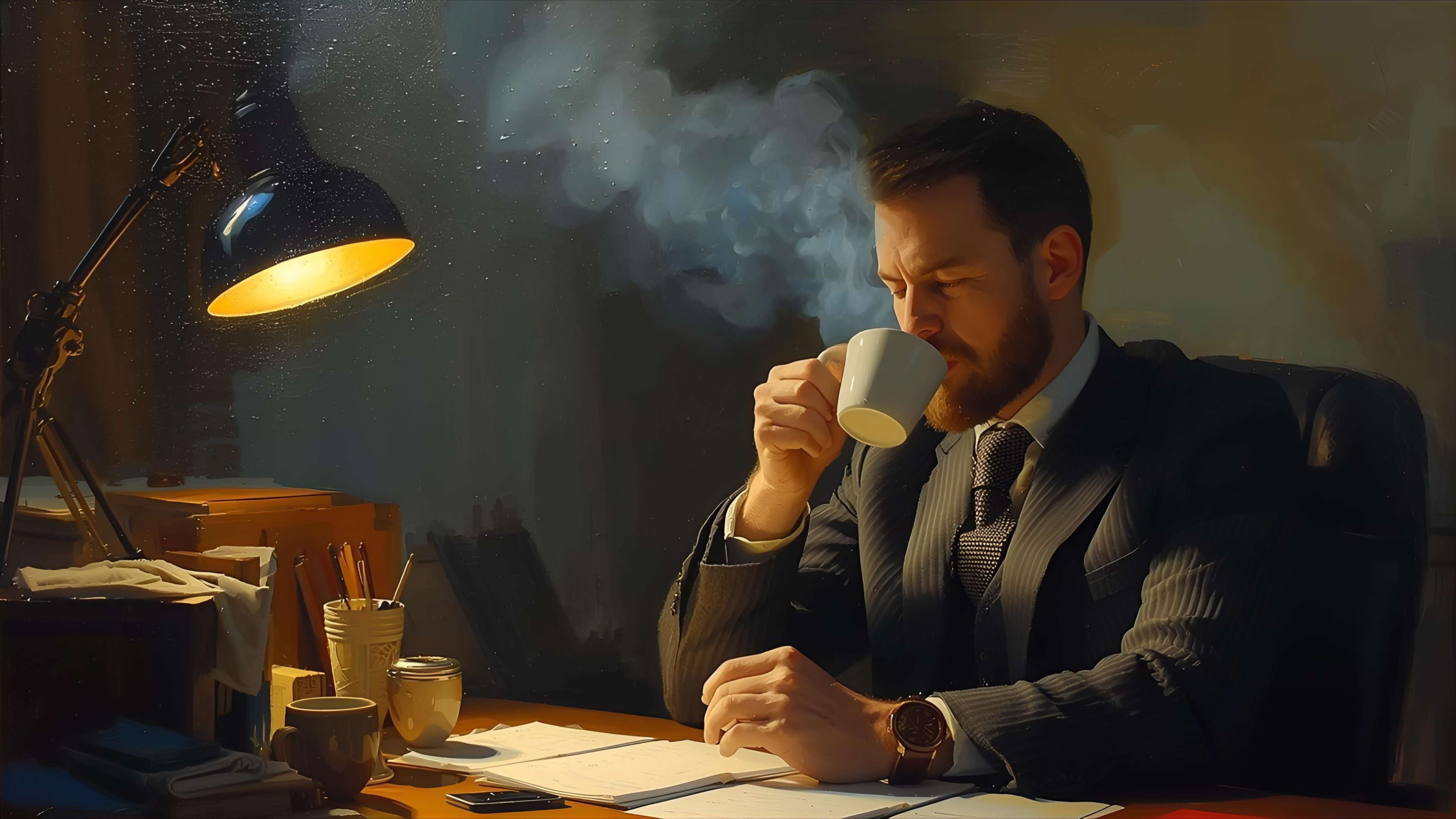 Manager drinking hot tea.