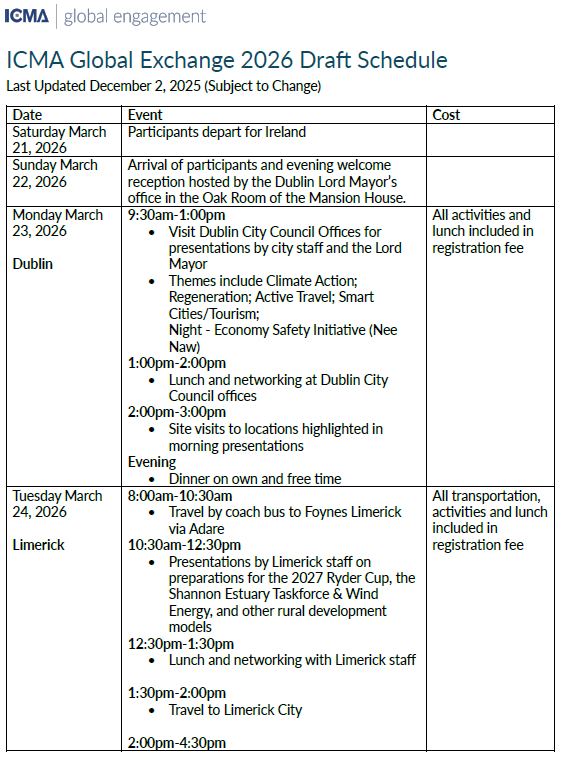 2026 Global Exchange Schedule 1 December 2025