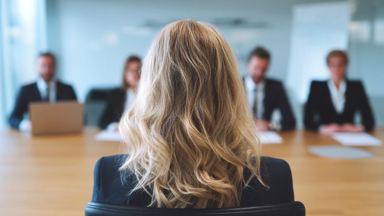 Image of person in front of interview panel