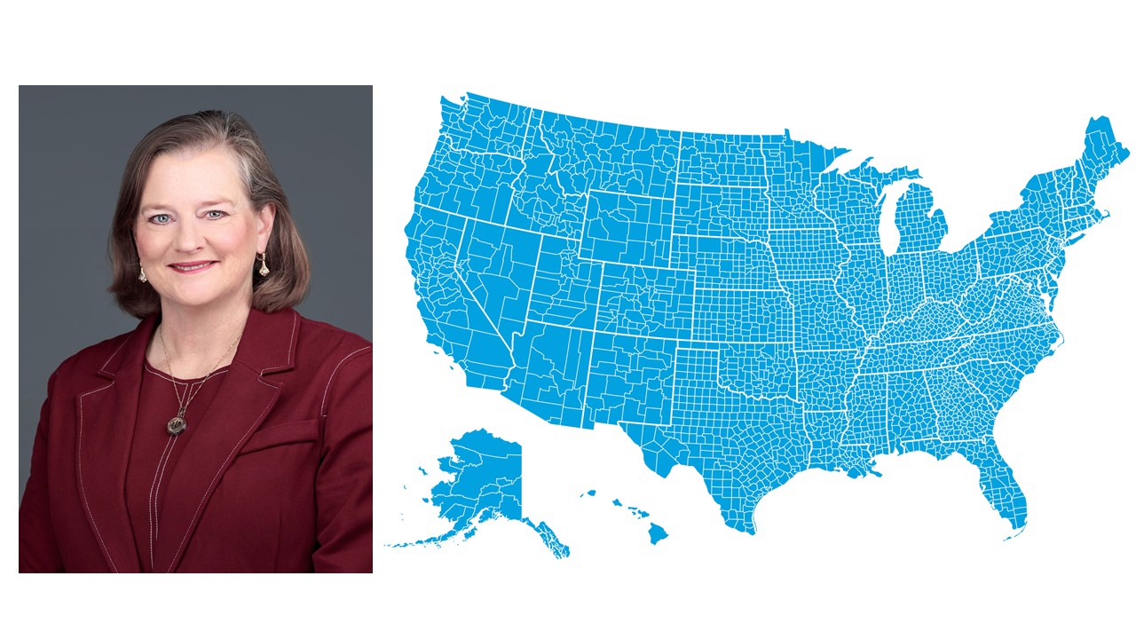 Image of Julia D. Novak and a map of the U.S. with county borders shown