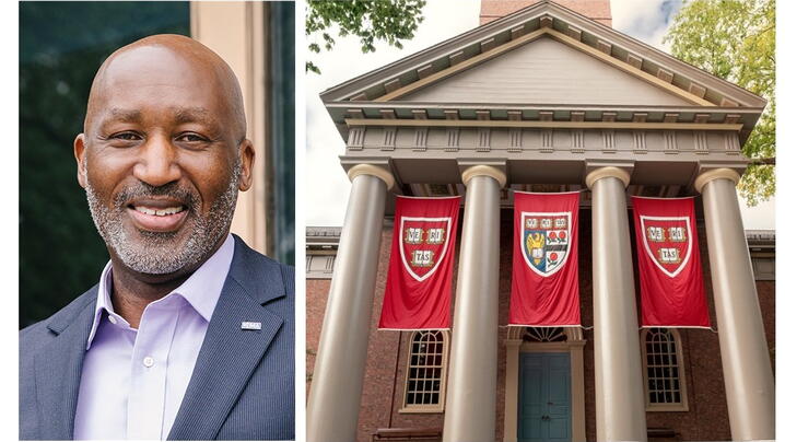 Image of Marc Ott and a Harvard building