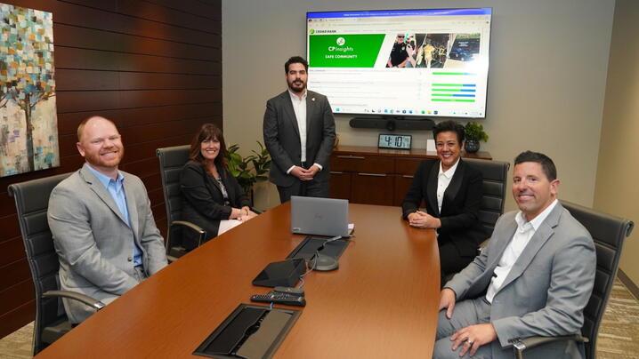 Chance Wood (middle) presenting the dashboard to the Cedar Park City Manager’s Office. Left to right: Chris Copple, assistant city manager; Brenda Eivens, city manager; Yoko Matsumoto, assistant city manager; and Beau Falgout, assistant city manager.