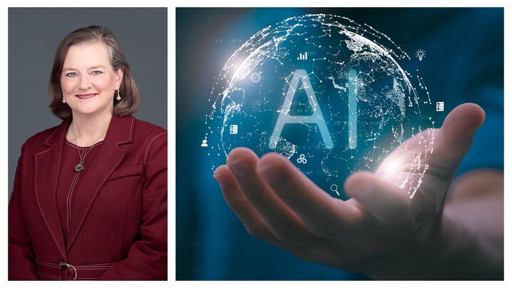 Images of Julia Novak and a hand holding the letters AI