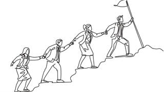 Illustration of a leader leading others up a mountain