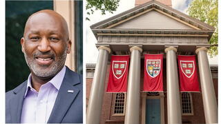 Image of Marc Ott and a Harvard building