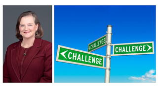 Image of Julia Novak and street signs that say "Challenge"