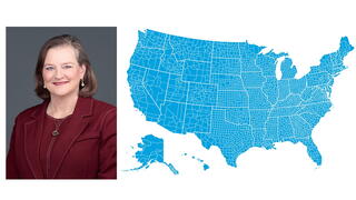 Image of Julia D. Novak and a map of the U.S. with county borders shown